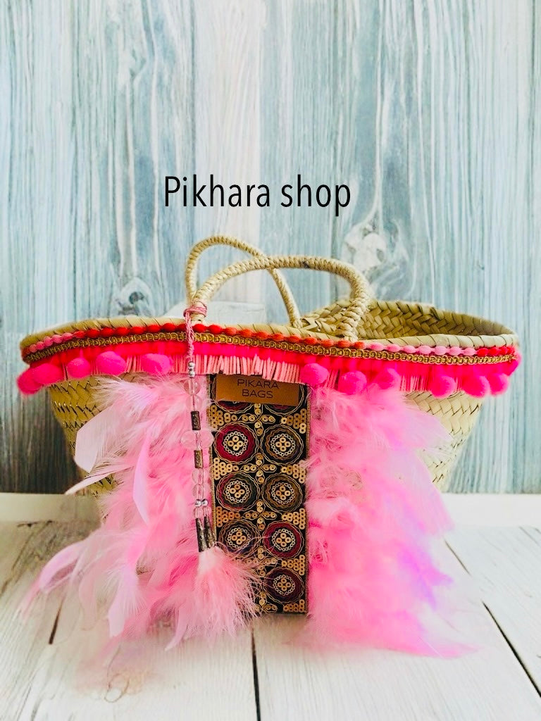 Capazo boho plumas rosa