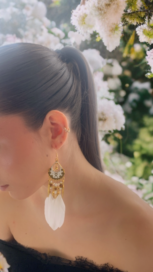 Pendientes de plumas blancas.