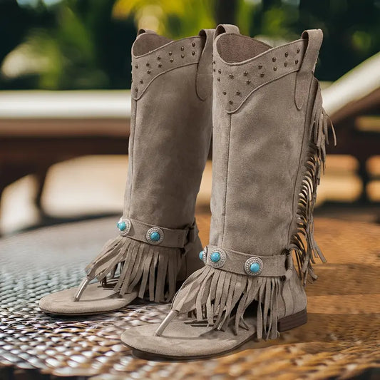 Bota sandalia flecos camel